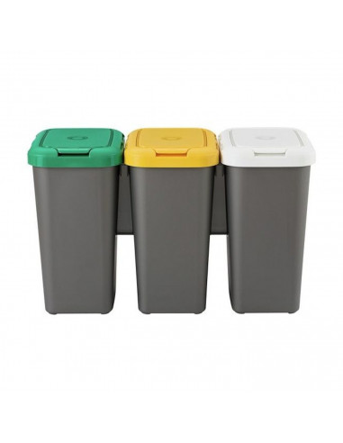 Cubo de basura para reciclaje plástico gris, Set 3 papeleras de reciclaje 75 Litros, 47,5  x 77  x 33  cm