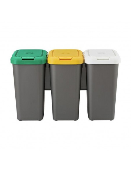 Cubo de basura para reciclaje plástico gris, Set 3 papeleras de reciclaje 75 Litros, 47,5  x 77  x 33  cm