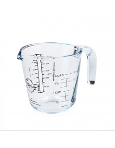 Jarra de vidrio medidora con capacidad de 500 ml, con diferentes tipos de medidas, de 12 x 12 x 16 cm. Vaso medidor con asa váli