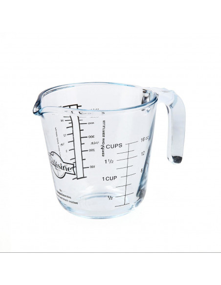 Jarra de vidrio medidora con capacidad de 500 ml, con diferentes tipos de medidas, de 12 x 12 x 16 cm. Vaso medidor con asa váli