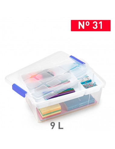 Tradineur - Caja de plástico transparente con tapa Nº 31, incluye bandeja, cajón de almacenaje, ordenación, almacenamiento, fabr