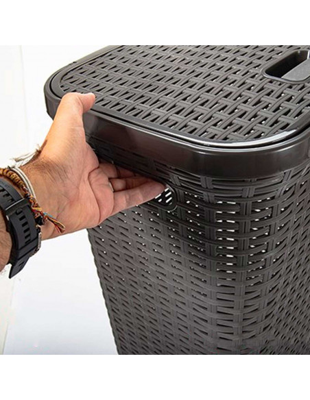 Tradineur - Cesto para ropa sucia, incluye tapa y asas, pongotodo rattan de plástico, cubo para colada, imitación de mimbre, fab