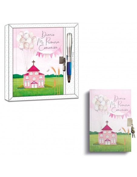Tradineur - Diario de Primera Comunión + bolígrafo con linterna, tapa dura, incluye candado, 90 páginas decoradas, regalo origin