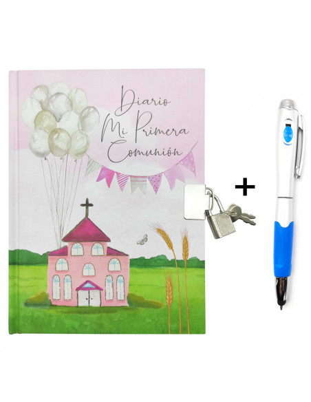 Tradineur - Diario de Primera Comunión + bolígrafo con linterna, tapa dura, incluye candado, 90 páginas decoradas, regalo origin