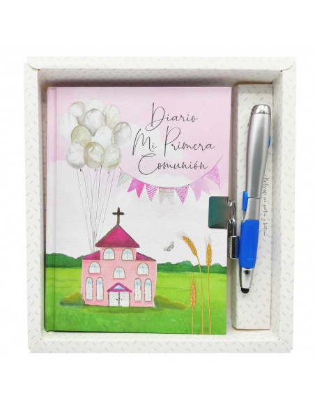 Tradineur - Diario de Primera Comunión + bolígrafo con linterna, tapa dura, incluye candado, 90 páginas decoradas, regalo origin