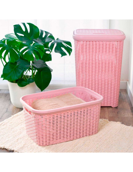Tradineur - Cesta de plástico "Rattan" con asas, recipiente para la colada, diseño imitación de mimbre, lavandería, hogar, fabri