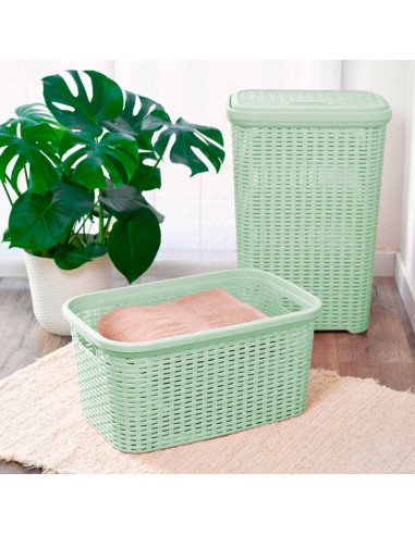 Tradineur - Cesta de plástico "Rattan" con asas, recipiente para la colada, diseño imitación de mimbre, lavandería, hogar, fabri