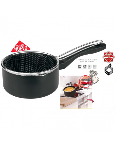 Tradineur - Cazo y cestillo freidor de Ø 16 cm - Fabricado en Acero Inoxidable - Totalmente Antiadherente - 8,5 x 17 x 33 cm