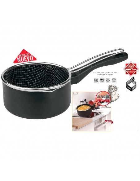 Tradineur - Cazo y cestillo freidor de Ø 16 cm - Fabricado en Acero Inoxidable - Totalmente Antiadherente - 8,5 x 17 x 33 cm