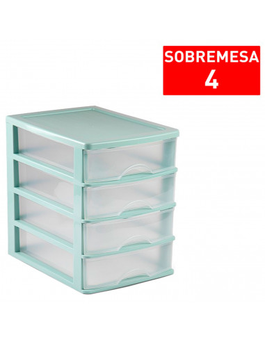 Tradineur - Cajonera de sobremesa, plástico, 4 cajones transparentes, torre de almacenaje, armario, baño, oficina, fabricada en