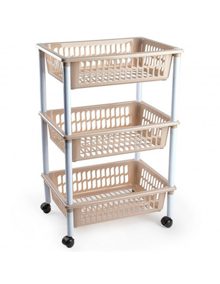 Tradineur - Carrito verdulero modelo PLFT de plástico, 3 cestas, incluye ruedas, portaobjetos, organizador de frutas, verduras,