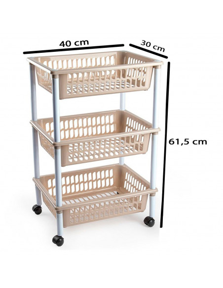 Tradineur - Carrito verdulero modelo PLFT de plástico, 3 cestas, incluye ruedas, portaobjetos, organizador de frutas, verduras,