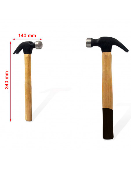 Tradineur - Martillo de uña con mango de madera, cabeza de acero, multiusos, sacar puntas y clavos, bricolaje, carpintería, cons