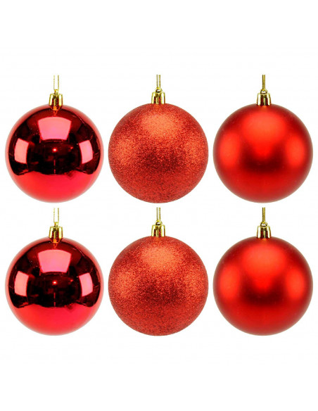 Tradineur - Set de 6 Bolas para árbol navideño - Fabricado en plástico - Decoración para temporada navideña - Ø 8 cm - Color Roj