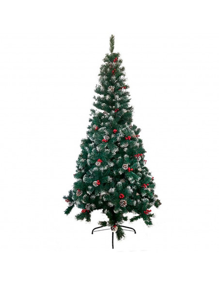 Tradineur - Árbol de Navidad con piñas y bayas, pino artificial verde con puntas blancas, estructura de plástico y metal revesti