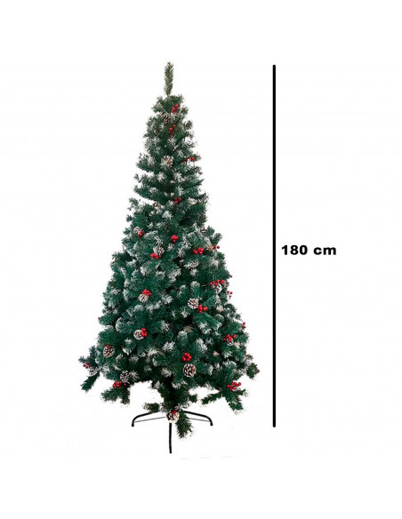 Tradineur - Árbol de Navidad con piñas y bayas, pino artificial verde con puntas blancas, estructura de plástico y metal revesti
