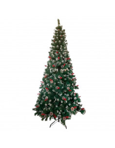 Tradineur - Árbol de Navidad con piñas y bayas, pino artificial verde con puntas blancas, estructura de plástico y metal revesti