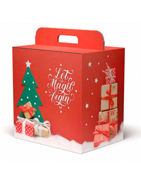 Tradineur - Caja de cartón para lote de Navidad, caja plegable con asa, guardar regalos, botellas vino, resistente (Rojo - 28 x