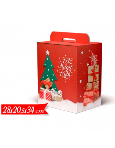 Tradineur - Caja de cartón para lote de Navidad, caja plegable con asa, guardar regalos, botellas vino, resistente (Rojo - 28 x