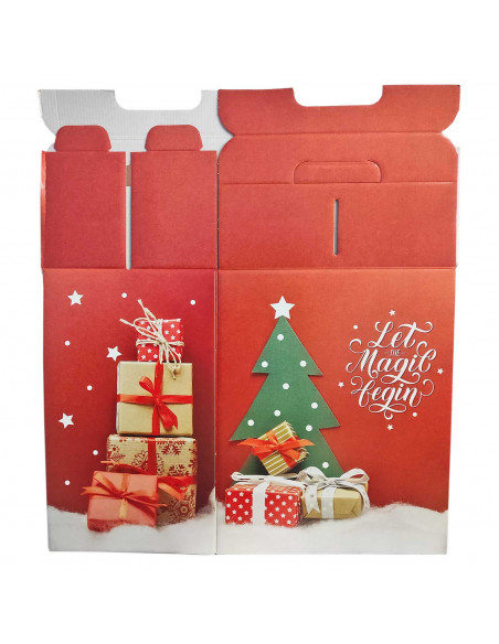 Tradineur - Caja de cartón para lote de Navidad, caja plegable con asa, guardar regalos, botellas vino, resistente (Rojo - 28 x