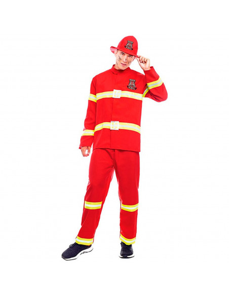 Tradineur - Disfraz de bombero para adulto, poliéster 100%, incluye sombrero, camiseta y pantalón, atuendo de carnaval, Hallowee