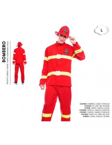 Tradineur - Disfraz de bombero para adulto, poliéster 100%, incluye sombrero, camiseta y pantalón, atuendo de carnaval, Hallowee