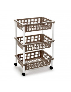 Tradineur - Carro verdulero marron topo modelo PLFT con ruedas 3 cestas 40 x 30 x 61,5 cm . Carrito portaobjetos estantes multiu