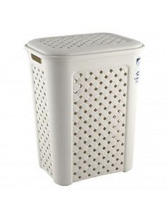 Cesto ropa sucia con tapa 50 litros, wengué, 55 x 43,5 x 33,5 cm. Cubo para la colada de plástico con asas