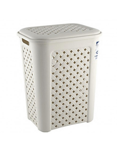 Cesto ropa sucia con tapa 50 litros, wengué, 55 x 43,5 x 33,5 cm. Cubo para la colada de plástico con asas