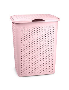 Tradineur - Cesto para ropa sucia con tapa y asas, pongotodo de plástico, cubo para colada, imitación de mimbre, fabricado en Es