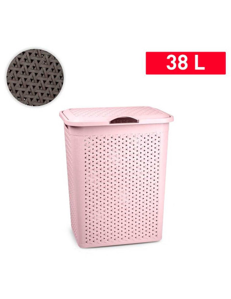 Tradineur - Cesto para ropa sucia con tapa y asas, pongotodo de plástico, cubo para colada, imitación de mimbre, fabricado en Es