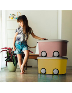 Tradineur - Caja de almacenamiento infantil con ruedas y tapa, plástico, contenedor, almacenaje juguetes, libros, ropa, mantas, 2