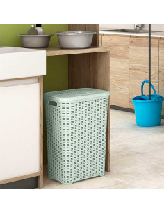 Tradineur - Cesto para ropa sucia con asas y tapa, pongotodo rattan de plástico, cubo para colada, imitación mimbre, fabricado e 2