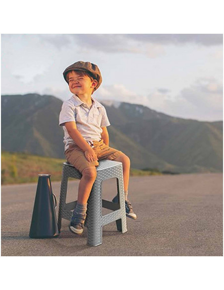 Tradineur - Taburete de plástico Rattan con asa y asiento de 28 x 28 cm, imitación de mimbre, banqueta multiusos, cocina, fabric