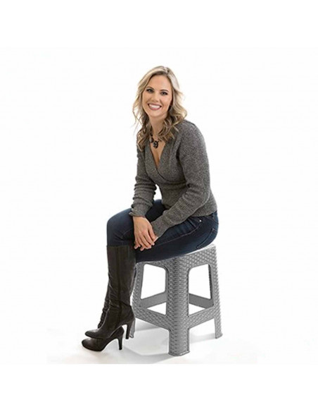 Tradineur - Taburete de plástico Rattan con asa y asiento de 28 x 28 cm, imitación de mimbre, banqueta multiusos, cocina, fabric