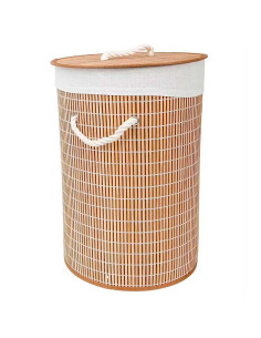 Tradineur - Cesto plegable redondo de bambú para ropa sucia, 1 compartimento, incluye asas, tapa y bolsa de tela extraíble y lav