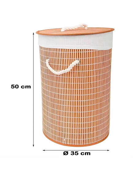 Tradineur - Cesto plegable redondo de bambú para ropa sucia, 1 compartimento, incluye asas, tapa y bolsa de tela extraíble y lav