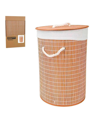 Tradineur - Cesto plegable redondo de bambú para ropa sucia, 1 compartimento, incluye asas, tapa y bolsa de tela extraíble y lav