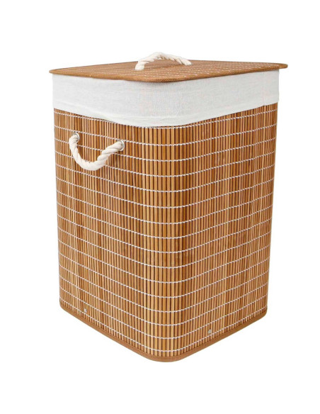 Tradineur - Cesto plegable cuadrado de bambú para ropa sucia, 1 compartimento, incluye asas, tapa y bolsa de tela extraíble y la