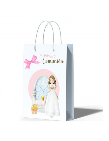 Tradineur - Pack de 12 bolsas pequeñas de papel para Primera Comunión, incluyen lazo rosa, guardar regalos, fiestas, celebracion
