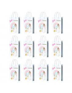 Tradineur - Pack de 12 bolsas pequeñas de papel para Primera Comunión, incluyen lazo rosa, guardar regalos, fiestas, celebracion 2