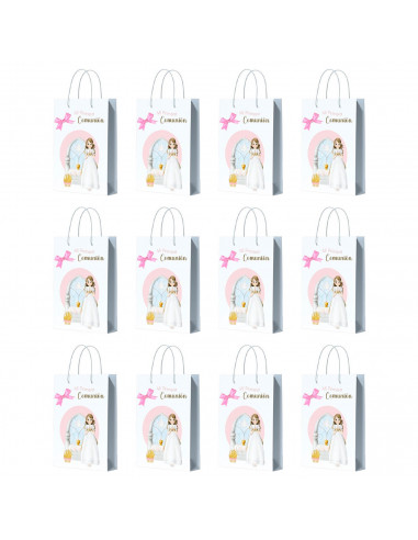 Tradineur - Pack de 12 bolsas pequeñas de papel para Primera Comunión, incluyen lazo rosa, guardar regalos, fiestas, celebracion