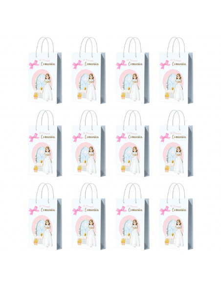 Tradineur - Pack de 12 bolsas pequeñas de papel para Primera Comunión, incluyen lazo rosa, guardar regalos, fiestas, celebracion