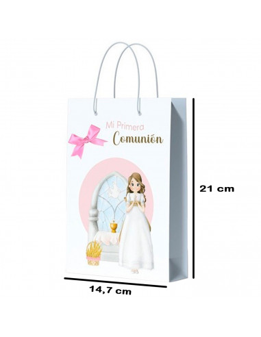 Tradineur - Pack de 12 bolsas pequeñas de papel para Primera Comunión, incluyen lazo rosa, guardar regalos, fiestas, celebracion