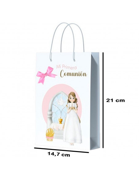 Tradineur - Pack de 12 bolsas pequeñas de papel para Primera Comunión, incluyen lazo rosa, guardar regalos, fiestas, celebracion