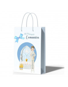 Tradineur - Pack de 12 bolsas medianas de papel para Primera Comunión, incluyen lazo azul, guardar regalos, fiestas, celebracion