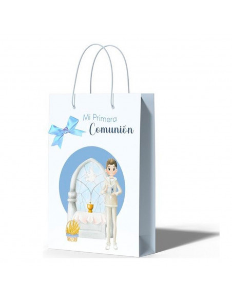 Tradineur - Pack de 12 bolsas medianas de papel para Primera Comunión, incluyen lazo azul, guardar regalos, fiestas, celebracion