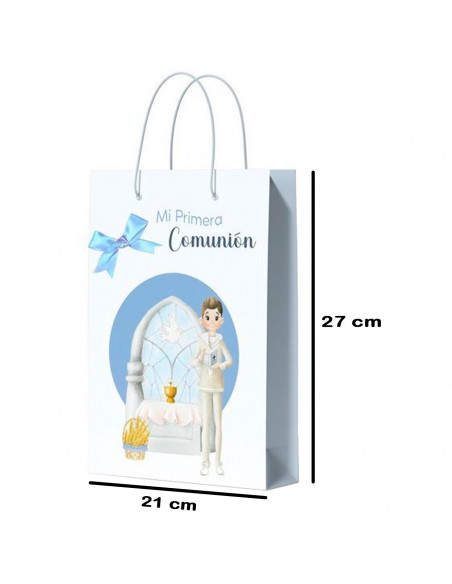 Tradineur - Pack de 12 bolsas medianas de papel para Primera Comunión, incluyen lazo azul, guardar regalos, fiestas, celebracion