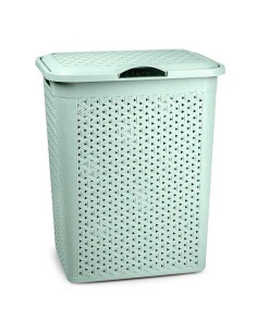 Tradineur - Cesto para ropa sucia con tapa y asas, pongotodo de plástico, cubo para colada, imitación de mimbre, fabricado en Es