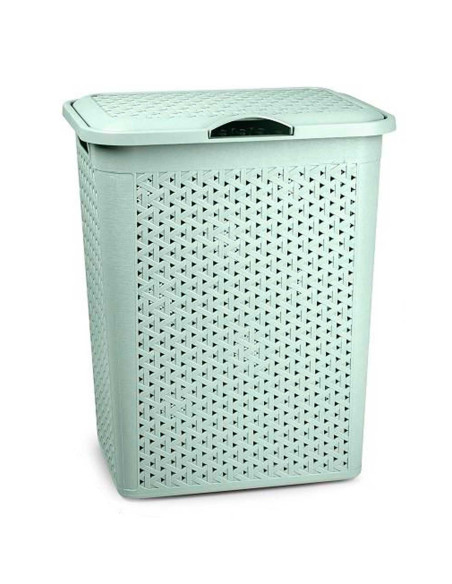 Tradineur - Cesto para ropa sucia con tapa y asas, pongotodo de plástico, cubo para colada, imitación de mimbre, fabricado en Es